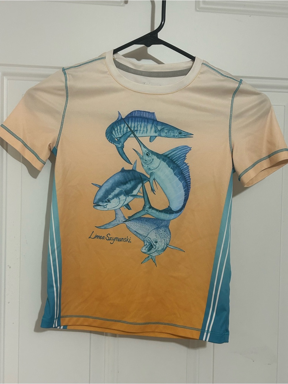 Reel Legends Kids Cream & Orange Gradient Rashguard with Blue Fish Print